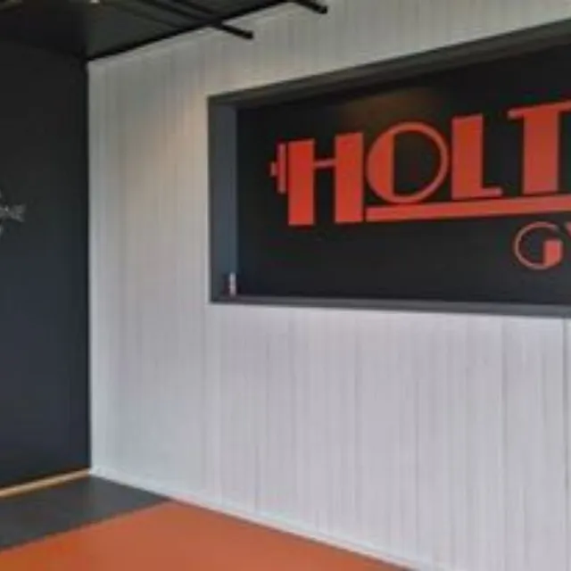Tekst "Stress-fri sone" på vegg med stor logo Holths Gym